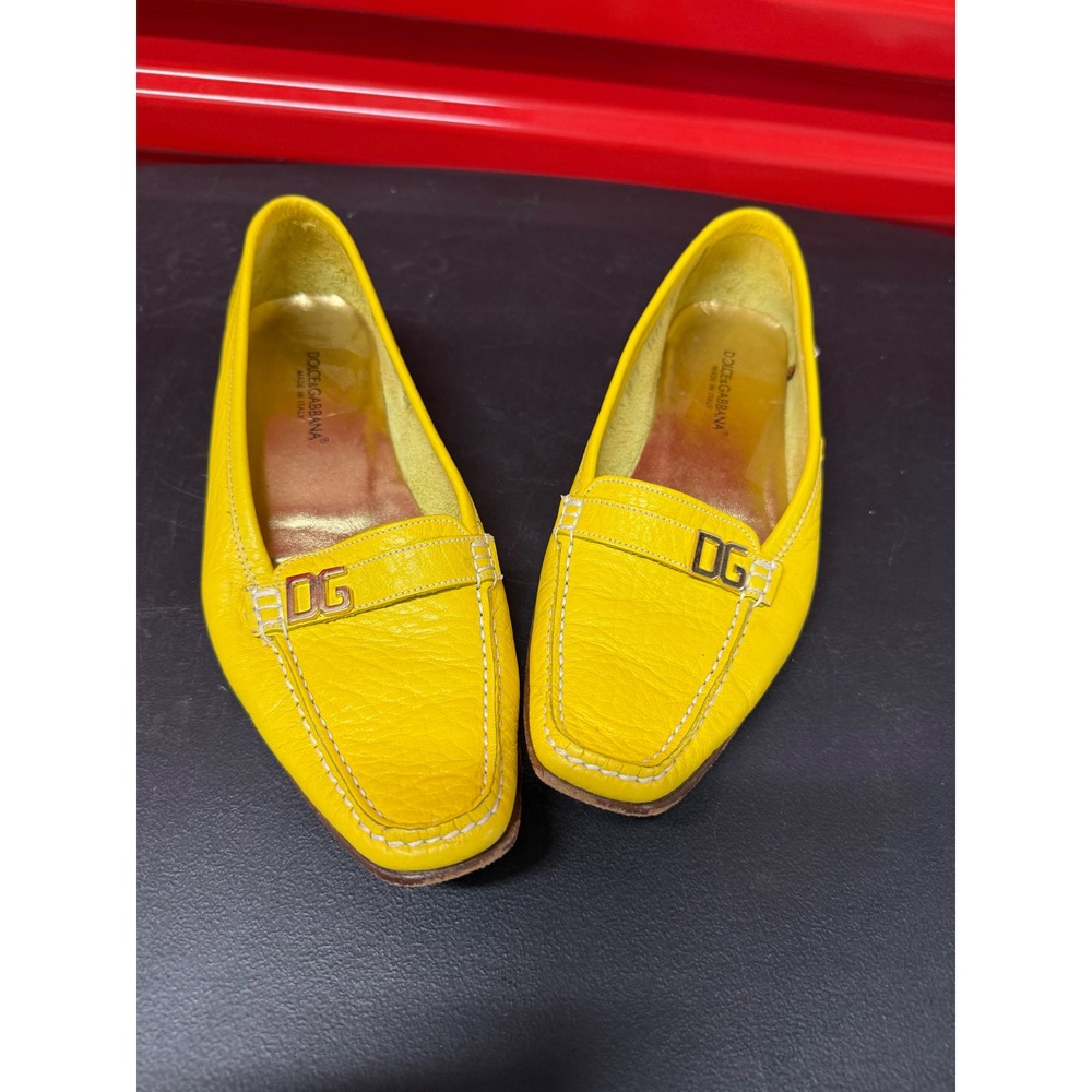 Dolce & Gabbana Womens Yellow Leather DG Logo Square Toe Loafers Flats Size 37 - Picture 2 of 14